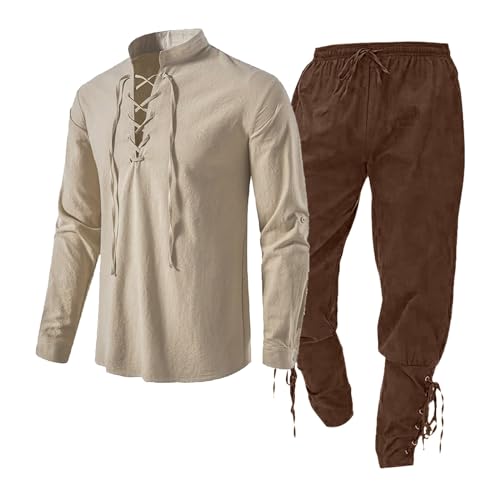 Generisch Mittelalter Kleidung Herren Set, Renaissance Kostüm Herren, Präsentationsanzug Einfarbig Freizeitanzug Baggy Mittelalterliches Piratenhemd Outdooranzug Retro Casual Weich Anzug Leinenanzug von Generisch