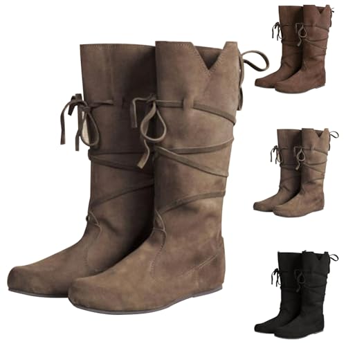 Generisch Mittelalterliche Renaissance-Schlupfstiefel Für Männer,Retro Mittelalter Schnür Punk Stiefel Ritter Stiefel Weich Bequem Schnürschuhe Leder Freizeitschuhe Gepolstert Flacheschuhe rutschfest von Generisch