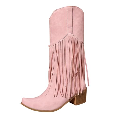 Generisch Mittelhohe Stiefel Schuhe Damen,Damen Wintermode Stiefel Mit Absatz,Einfarbige Blockabsatz,Keilabsatz,Spitzer Zehenpartie,Quastenstiefel,Damenstiefel Mit Weiter Wade von Generisch