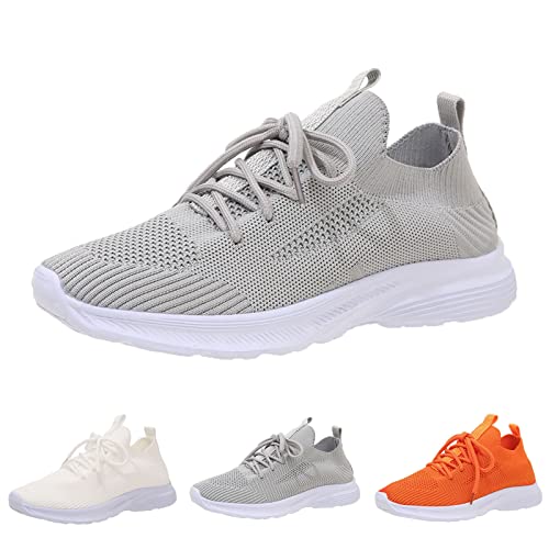 Mode Frühling Damen Sportschuhe Flacher Boden leicht fliegend gewebtes Mesh atmungsaktiv bequem einfarbig schnüren Silberne Schuhe Damen,Komfortschuh Outdoor rutschfeste Wanderschuhe von Generisch
