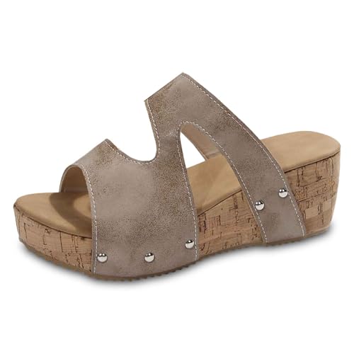 Generisch Moderne Damen-Slipper für Alltag Sommerreisen Bequemes offenes Zehendesign mit angesagtem Plateau-Keilabsatz Perfekt für entspannte Outfits (Khaki, 37) von Generisch