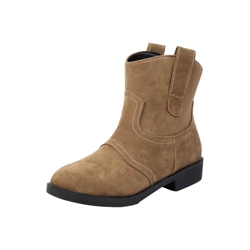 Generisch Moderne Westernstiefel für Damen, Cowboystiefel im Used-Look, Reitstiefel mit flachem Absatz und seitlichem Reißverschluss Herren L (Khaki, 34) von Generisch