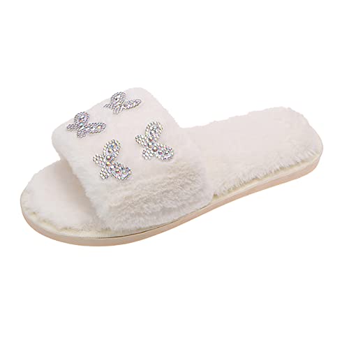 Generisch Modische Damen Hausschuhe Strass Schmetterling Offene Zehen Komfort Flache Baumwoll-Slipper für (White, 39) von Generisch