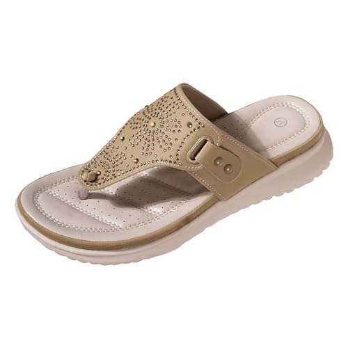 Generisch Modische Damen Sandalen für Sommer 2024 Flache Strass Einlagen Komfortable Hausschuhe für Reisen Freizeitevents Trendige Freizeitfootwear für Frauen (Khaki, 40) von Generisch
