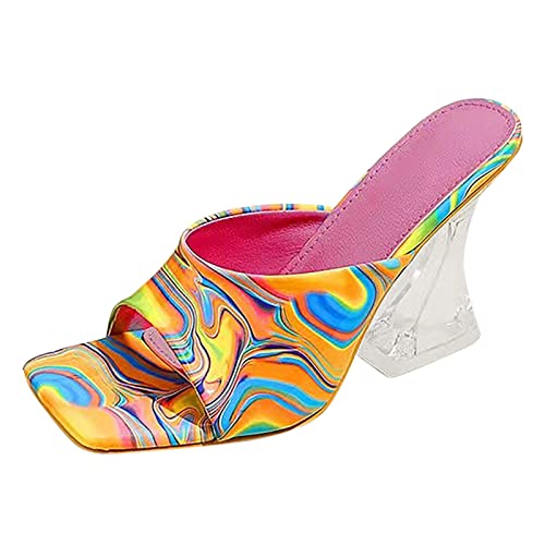 Generisch Modische Damen Sandalen mit Blockabsatz Elegante High Heels Quadratische Zehen Transparente Absätze für Festlichkeiten Nachtclubs (Orange, 41) von Generisch