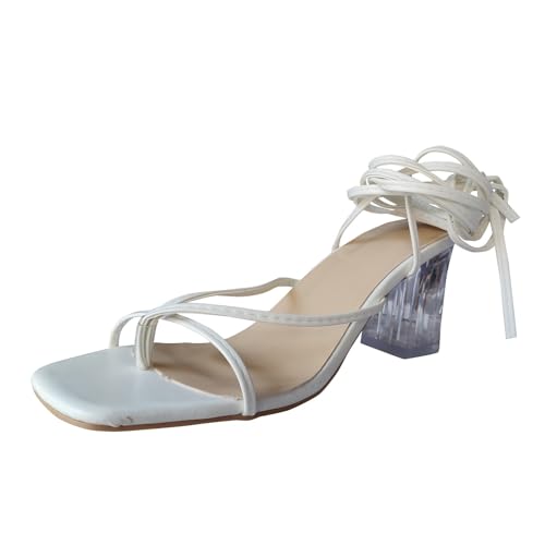 Generisch Modische Damen Sandalen mit Knöchelriemen dicker Absatz quadratische Zehen Tanga stilvolle Fußbekleidung für jeden (White, 41) von Generisch