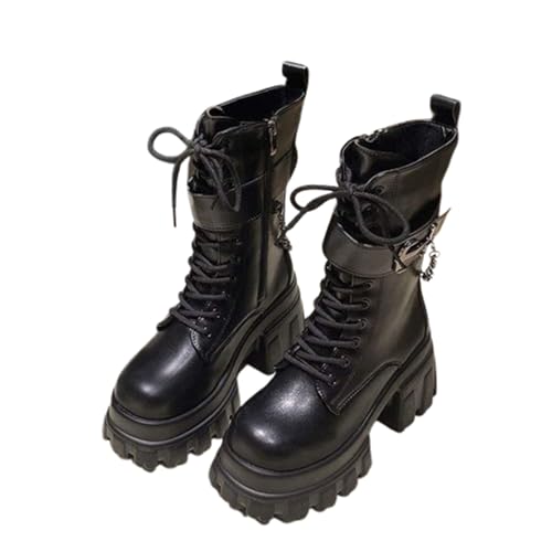 Generisch Modische Damenstiefel 9 Cm Hohe, Klobige Plateau-Stiefel In Wadenlänge Motorradstiefel Für Herbst Und Winter Stiefeletten Mit Seitlichem Reißverschluss Klobigem Absatz(Black,39) von Generisch