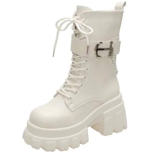 Generisch Modische Damenstiefel 9 Cm Hohe, Klobige Plateau-Stiefel In Wadenlänge Motorradstiefel Für Herbst Und Winter Stiefeletten Mit Seitlichem Reißverschluss Klobigem Absatz(White,38) von Generisch