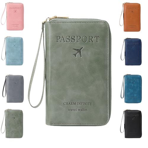 Generisch Multi-Functional RFID Passport Holder for Travel Essentials,Passport Holder for Travel Essentials,Slim Leather Wallet Cover Case with Safe Zipper, Travel Wallet for Men & Women (Green) von Generisch