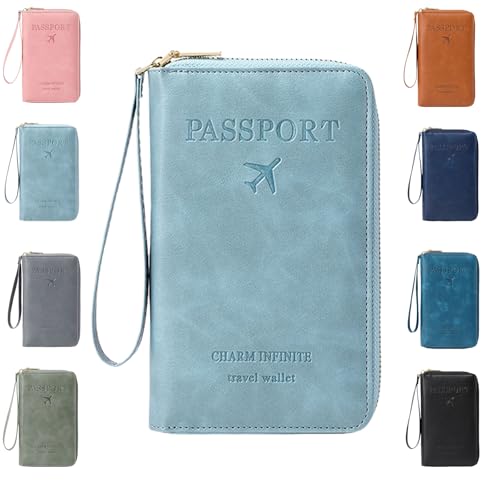 Generisch Multi-Functional RFID Passport Holder for Travel Essentials,Passport Holder for Travel Essentials,Slim Leather Wallet Cover Case with Safe Zipper, Travel Wallet for Men & Women (Sky Blue) von Generisch