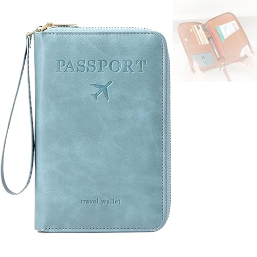 Generisch Multi-Functional RFID Passport Wallet, Leather RFID Blocking Passport Holder with Zipper, Passport Holder for Travel, Anti-Theft Protective Case Travel Wallet for Women Men (Sky Blue) von Generisch