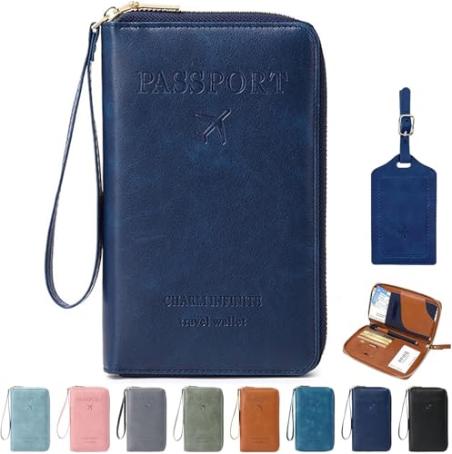 Generisch Multi-Functional RFID Passport Wallet, RFID Passport Wallet with Zipper, Passport Holder Wallet Credit Cards Case Holder for Women Men (Dark Blue) von Generisch