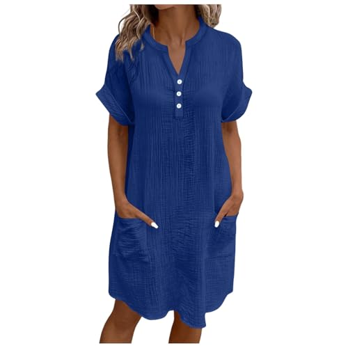 Generisch Muslin Kleid Damen Sommerkleid mit Taschen Bluse Kleid Kurzarm Wrap Hemd Bluses Lichtes und luftiges Kleids mit Knopf Plakettenkleid Sommer Knielange Hemd Strandkleid von Generisch