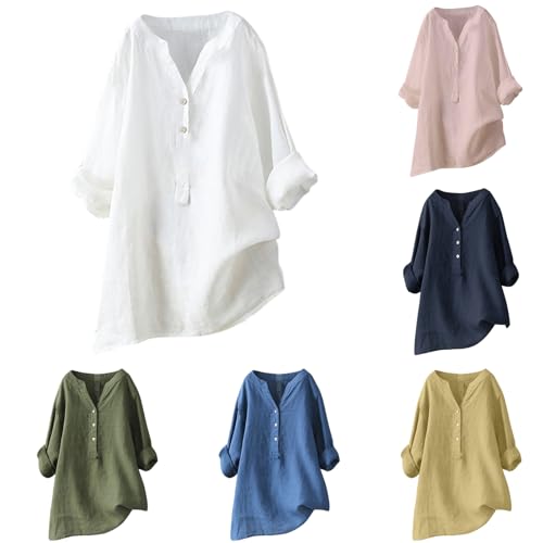 Generisch Musselin Bluse Damen, Leinenbluse Damen Sommer Langarm Große Größen Hemdbluse Blusenkleid Leinen Elegant Weiß Longbluse Blusenshirt Bügelfrei Schwarz Mittelalter Tuniken Damenblusen von Generisch
