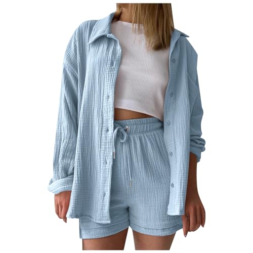 Generisch Musselin Bluse Damen 2 Teiler Damen Elegant Lounge Set Damen Sommer Casual Outfit Y2K Clothes Damen Bluse Musselin Hemd Und Shorts Sommer Damen Top Bluse Oberteil Set Kurz von Generisch