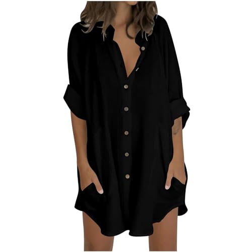 Generisch Musselin Bluse Damen Elegant 3/4 Arm Langarmshirt V-Ausschnitt Baumwolle Musselin Hemden Langarm Longbluse Casual Button Down Oberteile Blusenshirt Hemdbluse Tuniken Einfarbig Leinenbluse von Generisch