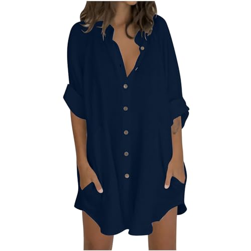 Generisch Musselin Bluse Damen Elegant 3/4 Arm V-Ausschnitt Baumwolle Musselin Hemden Langarm Longbluse Casual Button Down Oberteile Blusenshirt Hemdbluse Tuniken Einfarbig Tops Langarmshirt von Generisch