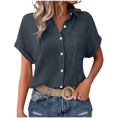 Generisch Musselin Bluse Damen Elegant Tuniken Sommer V-Ausschnitt Oberteile Kurzarm Leinenbluse Longbluse Oversized Hemdbluse LäSsig Leinen Hemd Button-Down Leinenhemd Oberteile Tunika Top von Generisch