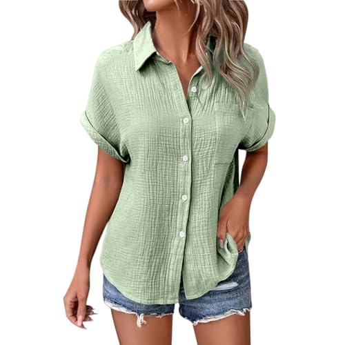 Generisch Musselin Bluse Damen Elegant Tuniken Sommer V-Ausschnitt Oberteile Kurzarm Leinenbluse Longbluse Oversized Hemdbluse LäSsig Leinen Hemd von Generisch