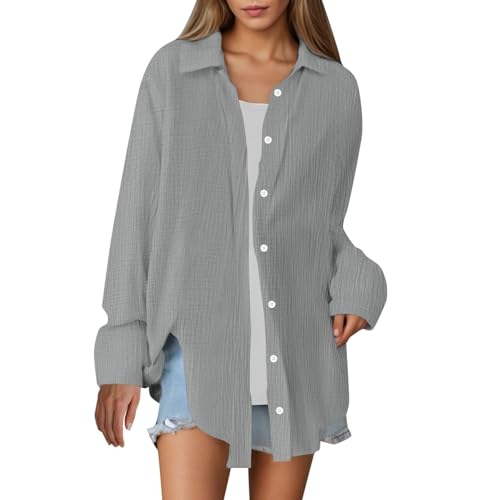 Generisch Musselin Bluse Damen Elegant V-Ausschnitt Baumwolle Musselin Hemden Langarm Longbluse Casual Button Down Oberteile Blusenshirt Hemdbluse Tuniken Einfarbig Tops Langarmshirt von Generisch