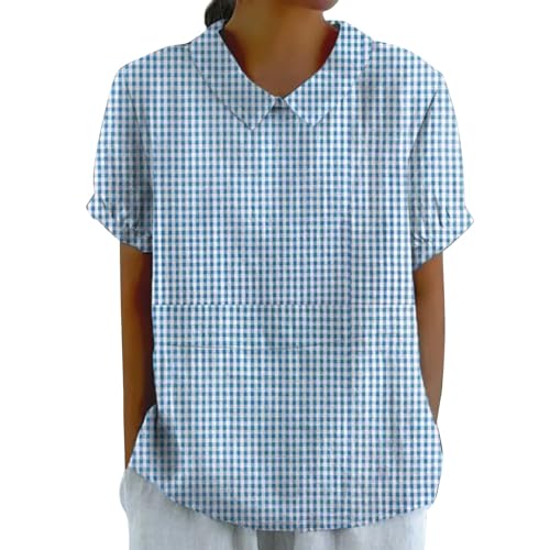 Generisch Musselin Bluse Damen Frauen Baumwolle und Leinen Mode Rundhals Ausschnitt 3/4 Ärmel Knopf Blusentops Tunika Sommer Freizeit Longbluse Leinenhemd Bluse Oberteile Große Größen Damen Oberteile von Generisch