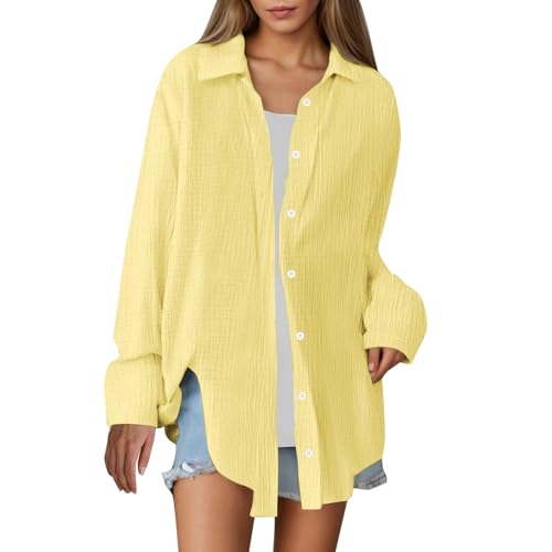 Generisch Musselin Bluse Damen Langarm Elegant Leicht Oversize Tuniken Einfarbig Lässiges Hemd Oberteile, S-XXL von Generisch