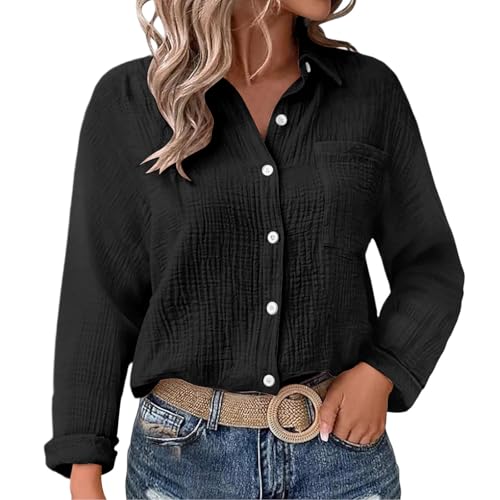 Generisch Musselin Bluse Damen Langarm Leinenbluse mit Taschen Revers Einreihige Leinenhemd Elegant Einfarbig Longshirt Weiche Baumwoll Langarmshirt für Frühling, Sommer und Herbst Button-Down Hemd von Generisch