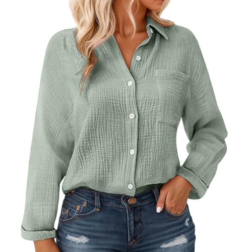 Generisch Musselin Bluse Damen Langarm Leinenbluse mit Taschen Revers Einreihige Leinenhemd Elegant Einfarbig Longshirt Weiche Baumwoll Langarmshirt für Frühling, Sommer und Herbst Button-Down Hemd von Generisch