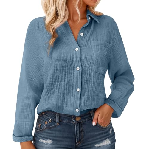 Generisch Musselin Bluse Damen Langarm Leinenbluse mit Taschen Revers Einreihige Leinenhemd Elegant Einfarbig Longshirt Weiche Baumwoll Langarmshirt für Frühling, Sommer und Herbst Button-Down Hemd von Generisch