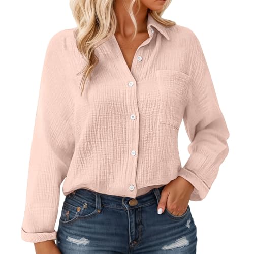 Generisch Musselin Bluse Damen Langarm Leinenbluse mit Taschen Revers Einreihige Leinenhemd Elegant Einfarbig Longshirt Weiche Baumwoll Langarmshirt für Frühling, Sommer und Herbst Button-Down Hemd von Generisch
