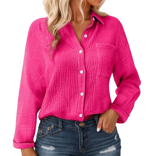 Generisch Musselin Bluse Damen Langarm Leinenbluse mit Taschen Revers Einreihige Leinenhemd Elegant Einfarbig Longshirt Weiche Baumwoll Langarmshirt für Frühling, Sommer und Herbst Button-Down Hemd von Generisch