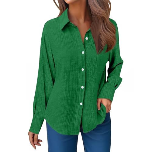 Generisch Musselin Bluse Damen Langarm Leinenbluse mit Taschen Revers Einreihige Leinenhemd Elegant Einfarbig Longshirt Weiche Baumwoll Langarmshirt für Frühling, Sommer und Herbst Button-Down Hemd von Generisch
