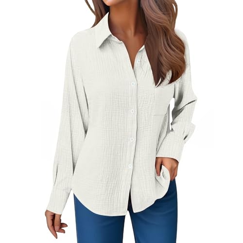 Generisch Musselin Bluse Damen Langarm Leinenbluse mit Taschen Revers Einreihige Leinenhemd Elegant Einfarbig Longshirt Weiche Baumwoll Langarmshirt für Frühling, Sommer und Herbst Button-Down Hemd von Generisch