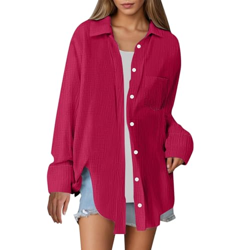 Generisch Musselin Bluse Damen Langarm Leinenbluse mit Taschen Revers Einreihige Leinenhemd Elegant Einfarbig Longshirts Weiche Baumwoll Langarmshirt für Frühling Sommer und Herbst Button-Down Hemd von Generisch