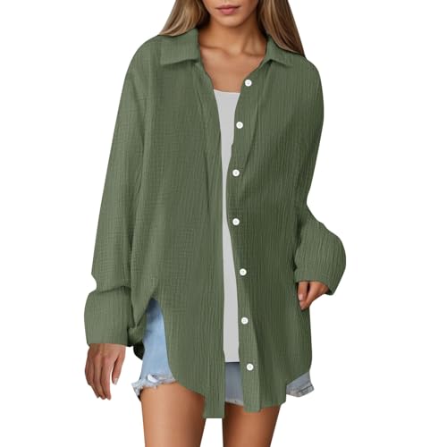 Generisch Musselin Bluse Damen Langarm Weiss Sommer Hemdbluse Longbluse Lässiges V-Ausschnitt Baumwolle Locker Langarmshirt Oberteile Blusenshirt Tuniken Tops von Generisch