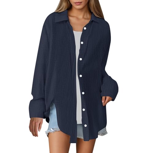 Generisch Musselin Bluse Damen Langarm Weiss Sommer Hemdbluse Longbluse Lässiges V-Ausschnitt Baumwolle Locker Langarmshirt Oberteile Blusenshirt Tuniken Tops von Generisch