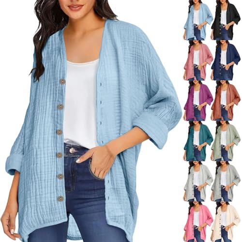 Generisch Musselin Bluse Damen Mit Button-Down - Blusen & Tuniken Für Damen Einfarbig Langarm Leinenbluse Leicht Und Atmungsaktive Longbluse Bequem Freizeit Sommer Bluse Work Office Outdoor von Generisch