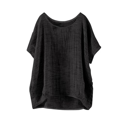 Musselin Bluse Damen Oversized Damenblusen Kurzarm Leinen-Shirt Vintage Sommer Longshirts Leichte Bluse Musselin-Blusen Leinenshirt Oversized Leinen-Oberteil Tunika von Generisch