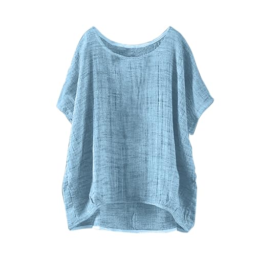 Generisch Musselin Bluse Damen Oversized Damenblusen Kurzarm Leinen-Shirt Vintage Sommer Longshirts Leichte Bluse Musselin-Blusen Leinenshirt Oversized Leinen-Oberteil Tunika von Generisch