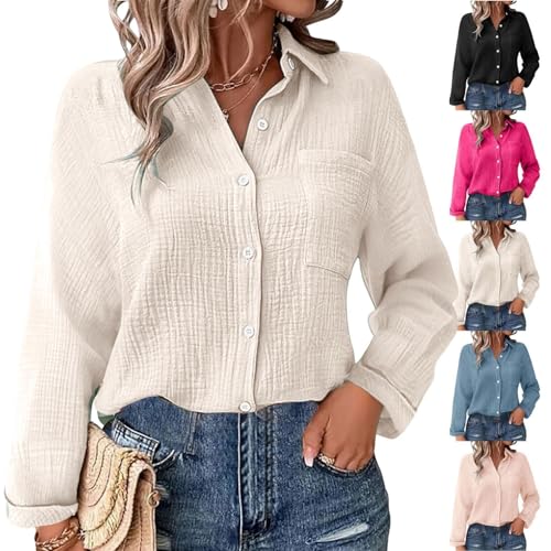 Generisch Musselin Bluse Damen Oversized Elegant Langarm Leinenbluse Lässig Longbluse Baumwolle V-Ausschnitt Button-Down Leinenhemd Leicht Bequeme Sommershirts Einfarbig Casual Oversize Tuniken von Generisch
