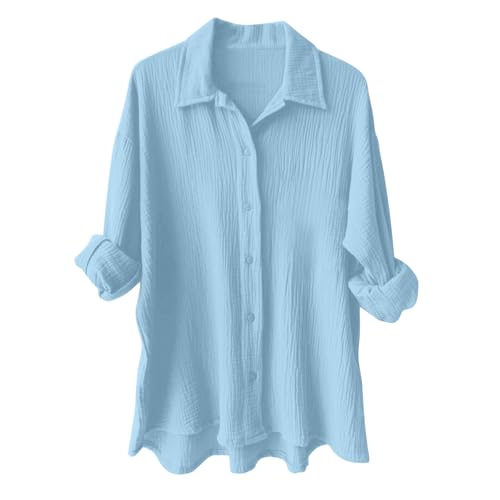 Generisch Musselin Bluse Damen Oversized Lang Longbluse Sommer Hemdbluse Lässig Baumwolle Oberteile Leinenbluse Große Größen von Generisch