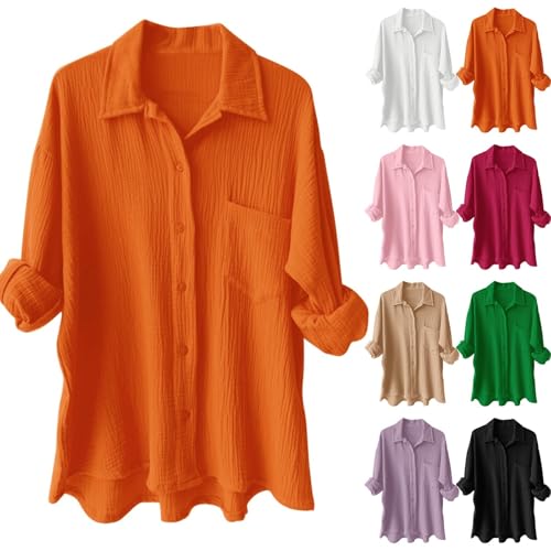 Generisch Musselin Bluse Damen Oversized Lang Longbluse Sommer Hemdbluse Lässig Baumwolle Oberteile Leinenbluse Große Größen von Generisch