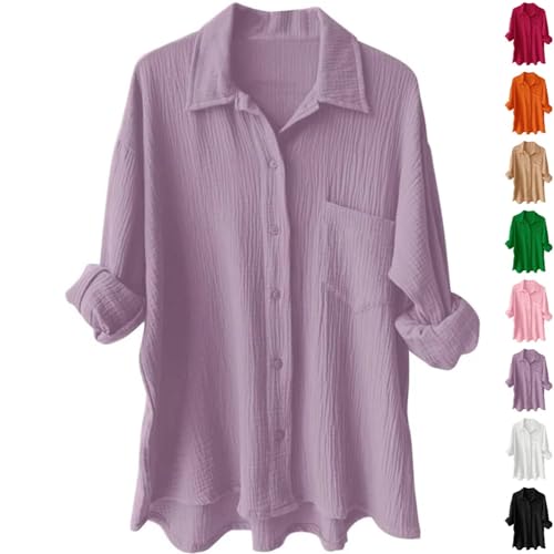 Generisch Musselin Bluse Damen Oversized Langarm Hemdbluse Sommer Lässig V-Ausschnitt Longbluse Große Größen Baumwolle Leinenbluse Oberteil Hemd Tunika Tops Musselinbluse Langarmshirt von Generisch