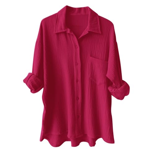 Generisch Musselin Bluse Damen Oversized Langarm Hemdbluse Sommer Lässig V-Ausschnitt Longbluse Große Größen Baumwolle Leinenbluse Oberteil Hemd Tunika Tops Musselinbluse Langarmshirt von Generisch