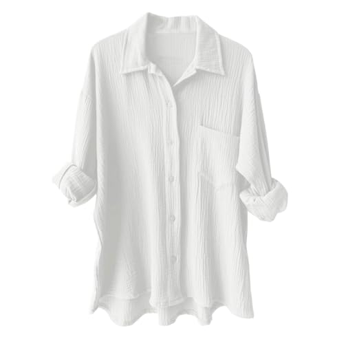 Generisch Musselin Bluse Damen Oversized Langarm Hemdbluse Sommer Lässig V-Ausschnitt Longbluse Große Größen Baumwolle Leinenbluse Oberteil Hemd Tunika Tops Musselinbluse Langarmshirt von Generisch
