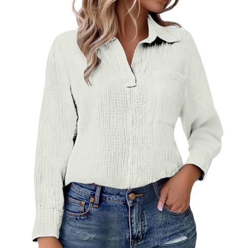 Generisch Musselin Bluse Damen Oversized Langarm Leinenbluse Revers Einreihige Leinenhemd mit Taschen Einfarbig Elegant Baumwolle Longshirt Weiche Button-Down Hemd Sommer und Herbst Bluse S-5XL von Generisch