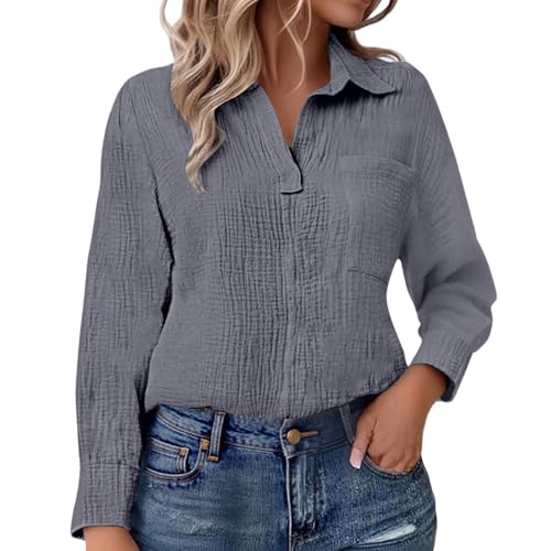 Generisch Musselin Bluse Damen Oversized Langarm Leinenbluse Revers Einreihige Leinenhemd mit Taschen Einfarbig Elegant Baumwolle Longshirt Weiche Button-Down Hemd Sommer und Herbst Bluse S-5XL von Generisch