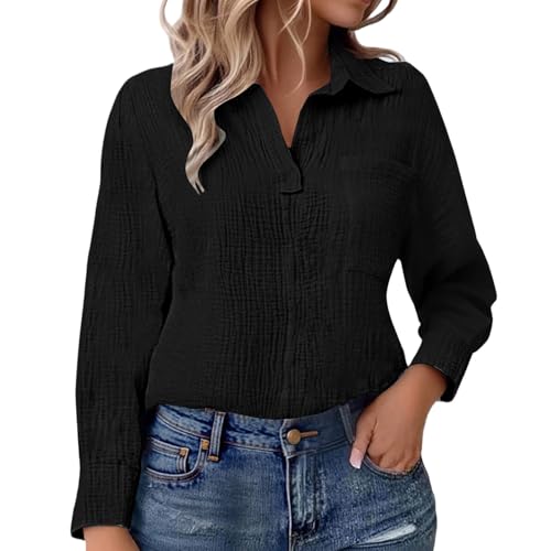 Generisch Musselin Bluse Damen Oversized Langarm Leinenbluse Revers Einreihige Leinenhemd mit Taschen Einfarbig Elegant Baumwolle Longshirt Weiche Button-Down Hemd Sommer und Herbst Bluse S-5XL von Generisch