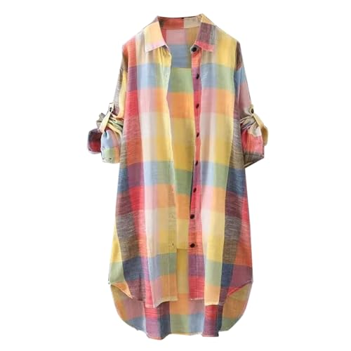 Generisch Musselin Bluse Damen Sommer Blusen & Tuniken Für Damen Farbblock Trendy Longbluse Übergröße Leinenbluse Button-Down Tunika Elegant Atmungsaktive Freizeithemd für Arbeit Outdoor von Generisch