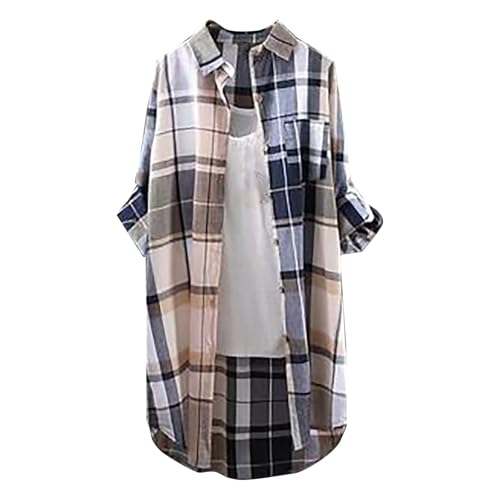 Generisch Musselin Bluse Damen Sommer Blusen & Tuniken Für Damen Farbblock Trendy Longbluse Übergröße Leinenbluse Button-Down Tunika Elegant Atmungsaktive Freizeithemd für Arbeit Outdoor von Generisch